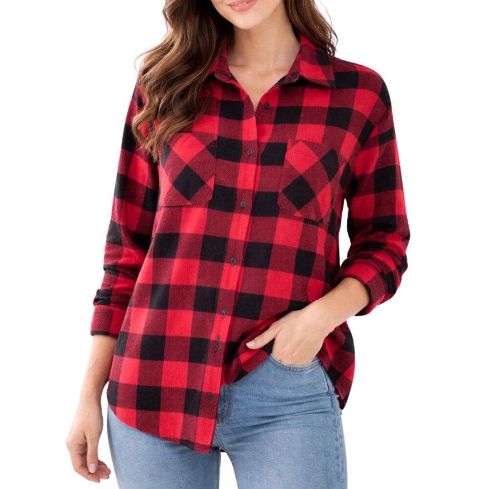 Red Black Buffalo Check Fall Plaid Button-Up Shirt Women Cabincore Top Medium